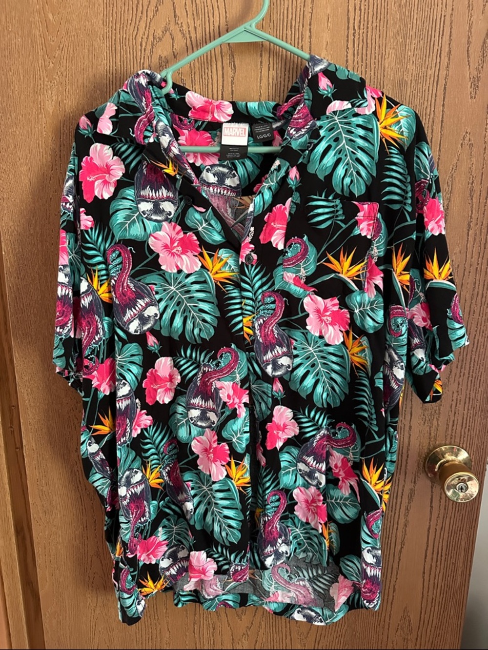 Marvel Venom Floral Flamingo Hawaiian Shirt - Black, Pink, Teal, Yellow